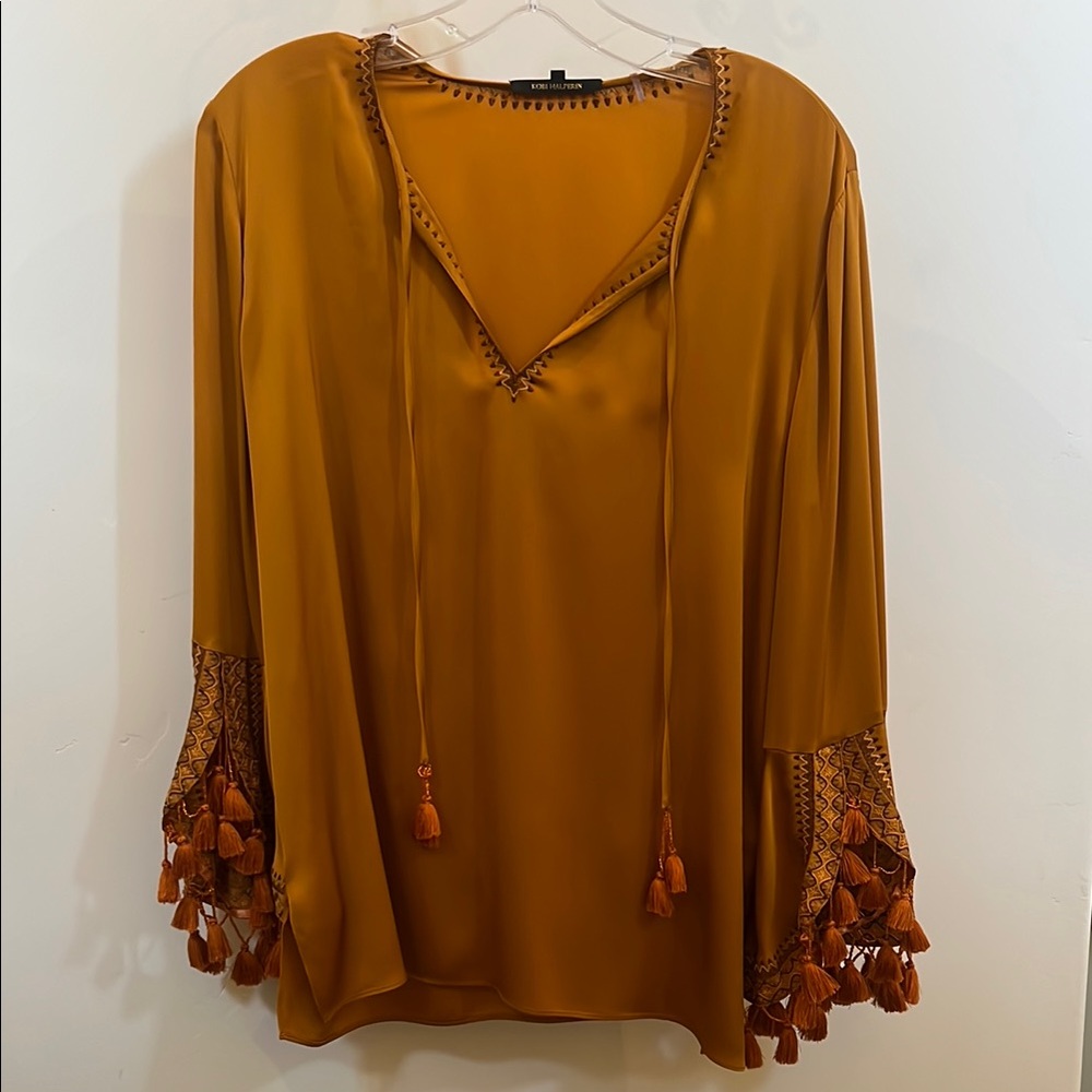 Elegant Kobi Halperin silk  Mustard Women's Top size M with Tassel Details